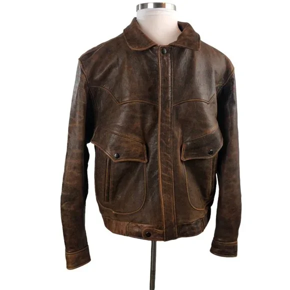 Pioneer Wear Distressed Men's Bomber Style Brown Lamb Leather Jacket Size 44 - Picture 13 of 16